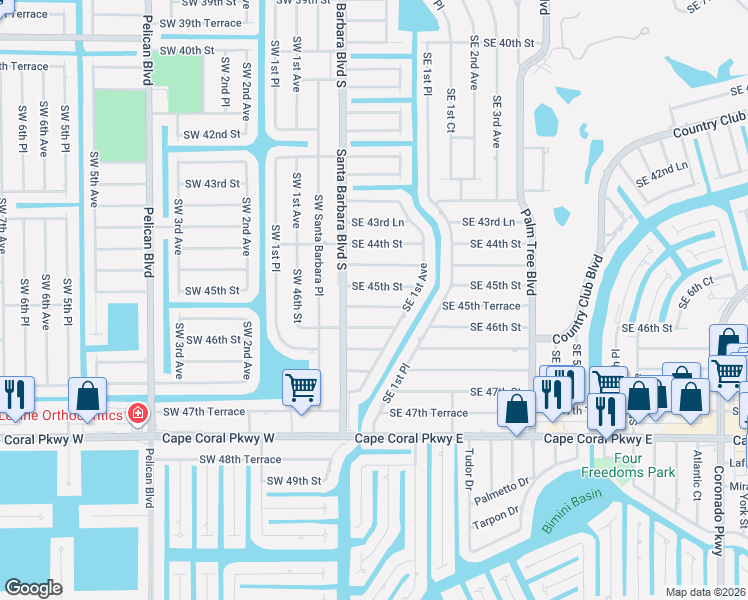 map of restaurants, bars, coffee shops, grocery stores, and more near 105 Southeast 45th Terrace in Cape Coral