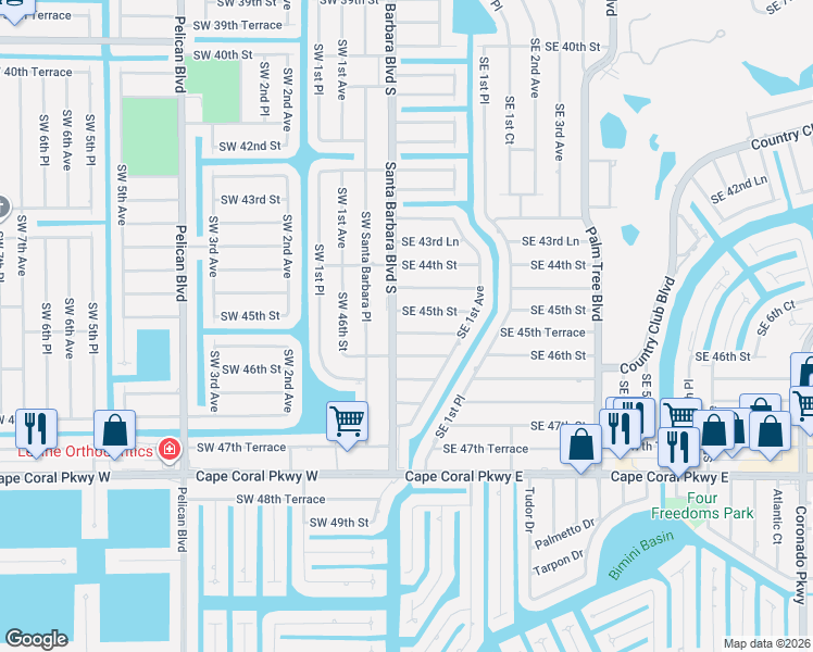 map of restaurants, bars, coffee shops, grocery stores, and more near 105 Southeast 45th Terrace in Cape Coral