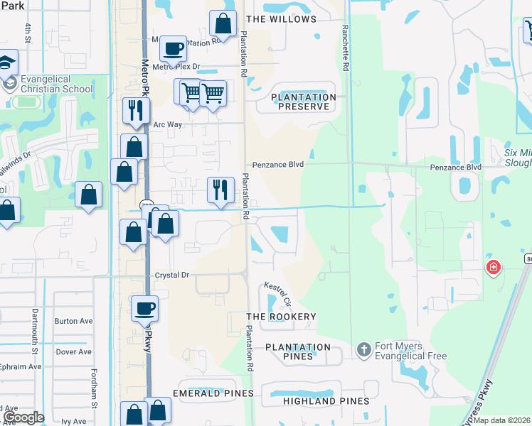 map of restaurants, bars, coffee shops, grocery stores, and more near 6624 Palmerston Drive in Fort Myers