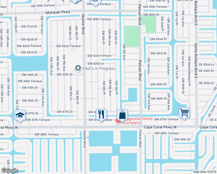map of restaurants, bars, coffee shops, grocery stores, and more near 4510 Southwest 6th Avenue in Cape Coral