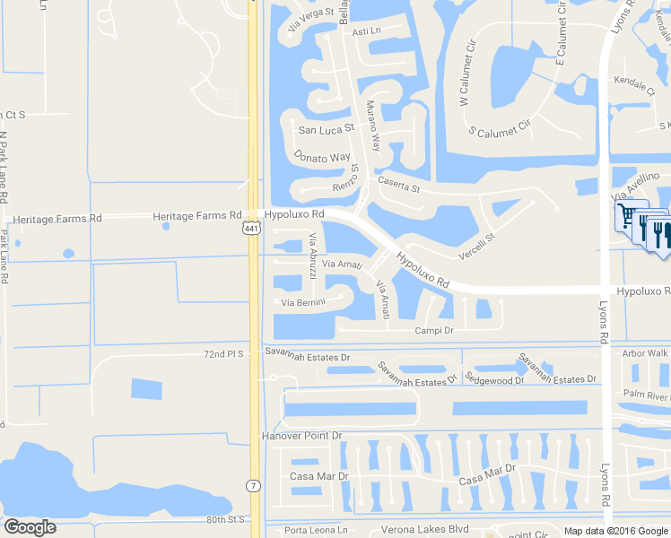 map of restaurants, bars, coffee shops, grocery stores, and more near 9856 Vía Amati in Lake Worth