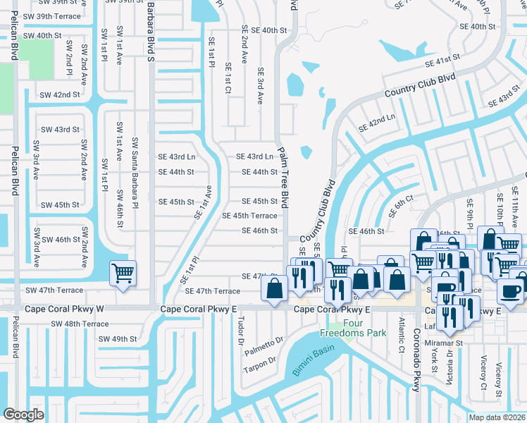 map of restaurants, bars, coffee shops, grocery stores, and more near 239 Southeast 45th Terrace in Cape Coral