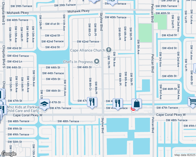 map of restaurants, bars, coffee shops, grocery stores, and more near 4429 Southwest 8th Place in Cape Coral