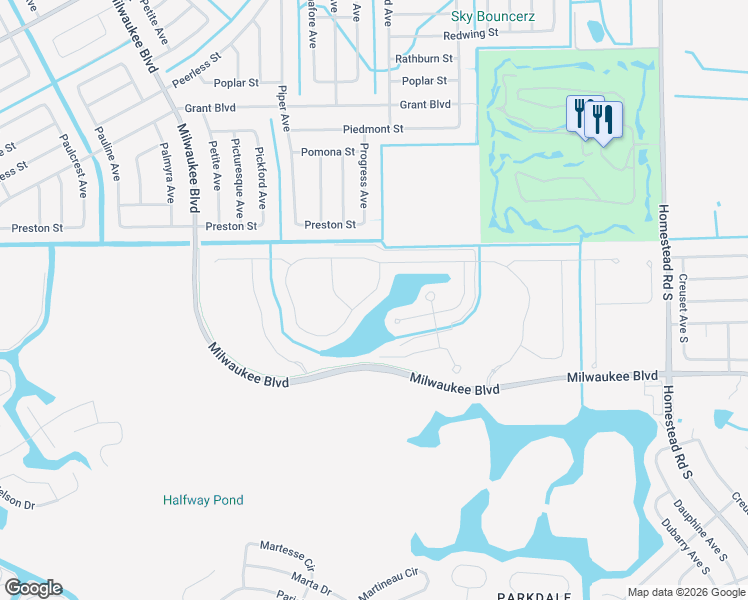 map of restaurants, bars, coffee shops, grocery stores, and more near Vogle Lane in Lehigh Acres
