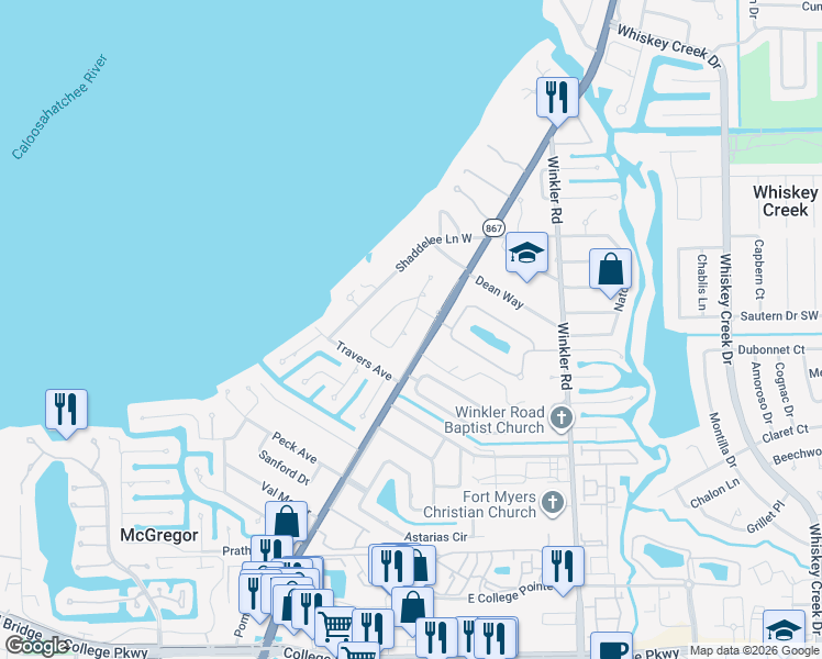map of restaurants, bars, coffee shops, grocery stores, and more near 5657 Eichen Circle in Fort Myers