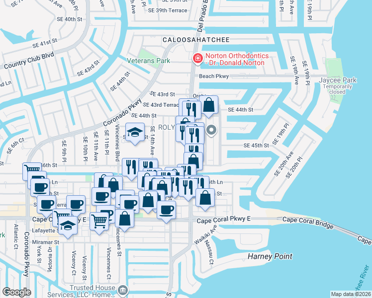 map of restaurants, bars, coffee shops, grocery stores, and more near 4517 Southeast 15th Avenue in Cape Coral