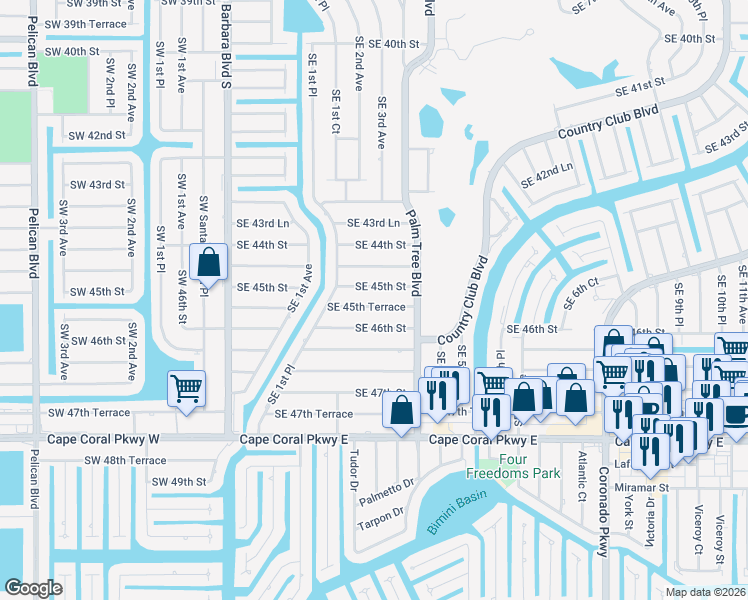 map of restaurants, bars, coffee shops, grocery stores, and more near 239 Southeast 45th Terrace in Cape Coral