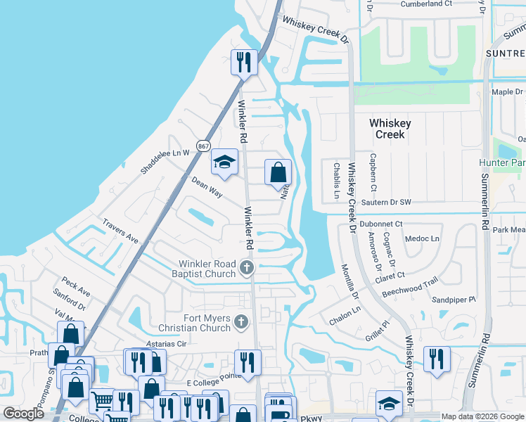 map of restaurants, bars, coffee shops, grocery stores, and more near 5667 Winkler Road in Fort Myers