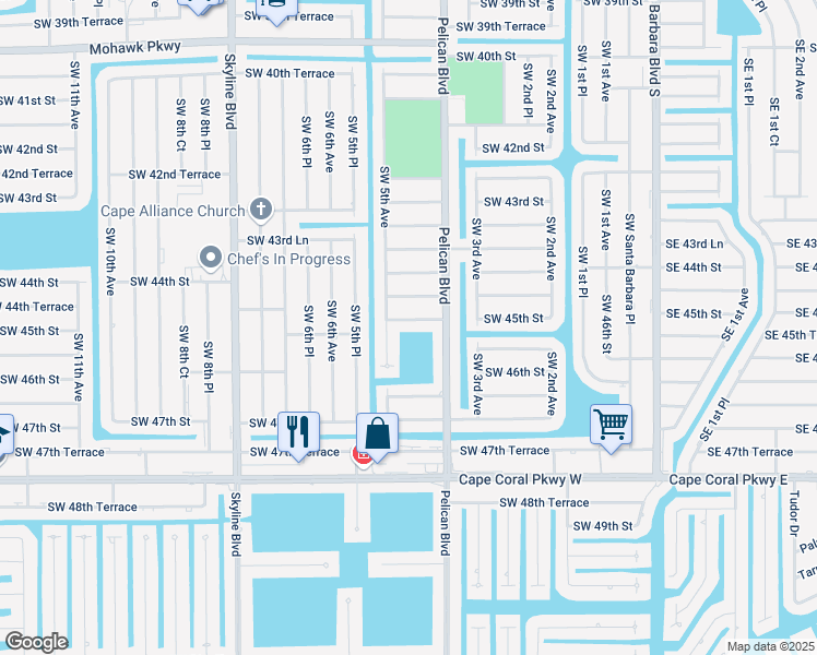 map of restaurants, bars, coffee shops, grocery stores, and more near 422 Southwest 45th Street in Cape Coral