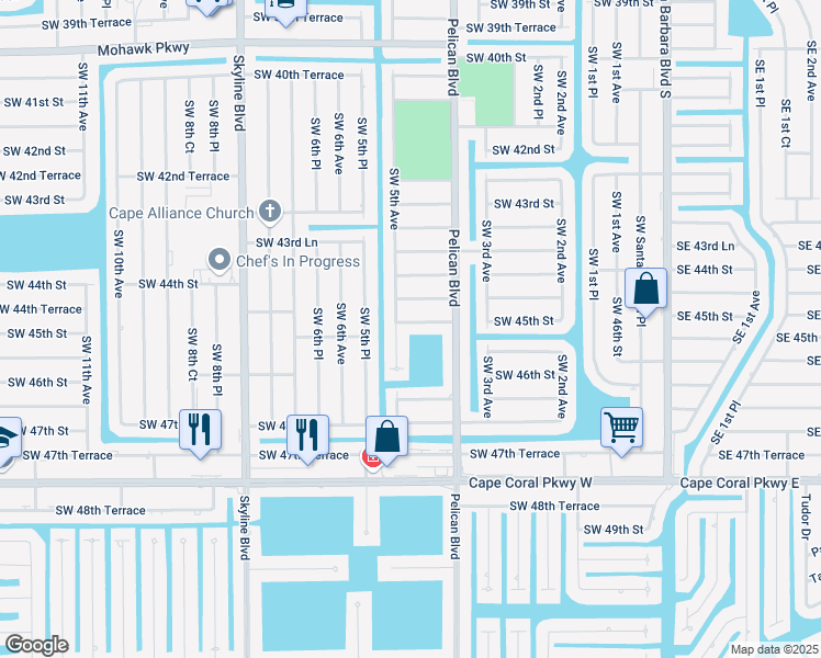 map of restaurants, bars, coffee shops, grocery stores, and more near 422 Southwest 45th Street in Cape Coral