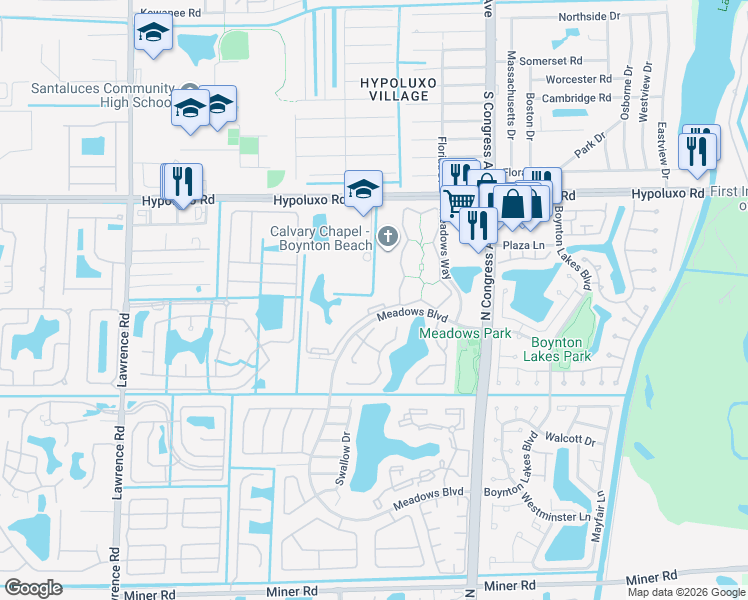 map of restaurants, bars, coffee shops, grocery stores, and more near 1017 Meadows Circle in Boynton Beach