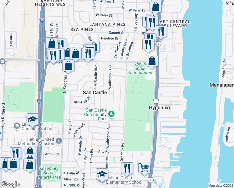 map of restaurants, bars, coffee shops, grocery stores, and more near 7401 West Oakridge Circle in Lantana