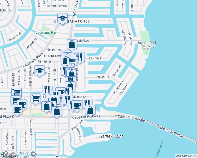 map of restaurants, bars, coffee shops, grocery stores, and more near 1804 Southeast 45th Street in Cape Coral