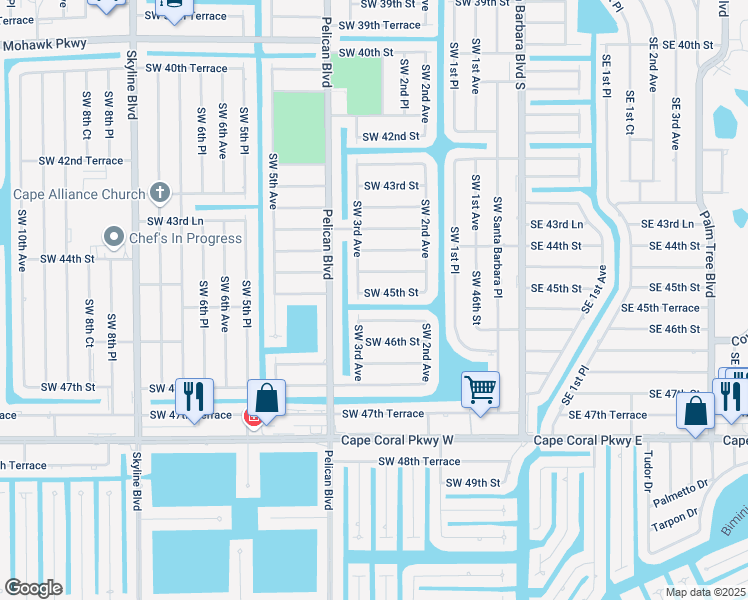 map of restaurants, bars, coffee shops, grocery stores, and more near 246 Southwest 45th Street in Cape Coral
