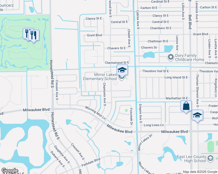 map of restaurants, bars, coffee shops, grocery stores, and more near 530 Charwood Avenue South in Lehigh Acres