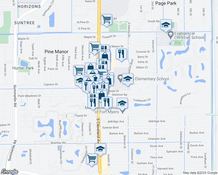 map of restaurants, bars, coffee shops, grocery stores, and more near 1900 Trailwinds Drive in Fort Myers