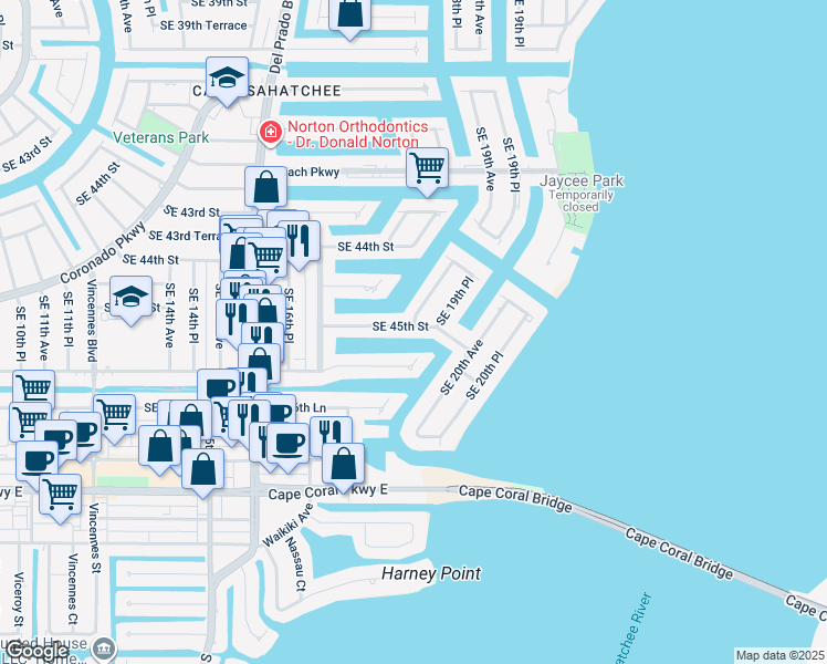 map of restaurants, bars, coffee shops, grocery stores, and more near 1826 Southeast 45th Street in Cape Coral