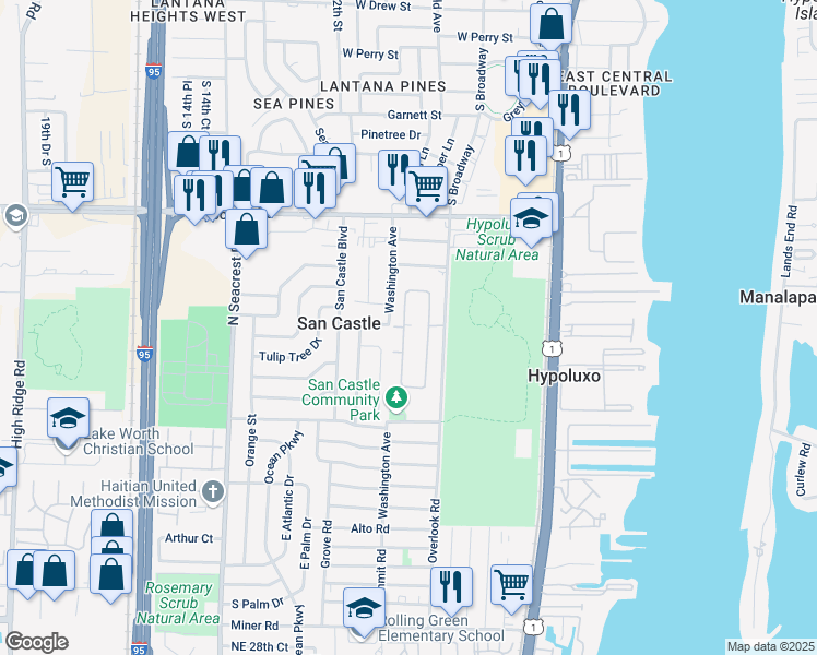 map of restaurants, bars, coffee shops, grocery stores, and more near 7401 West Oakridge Circle in Lantana
