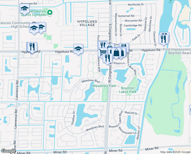 map of restaurants, bars, coffee shops, grocery stores, and more near 213 Meadows Circle in Boynton Beach