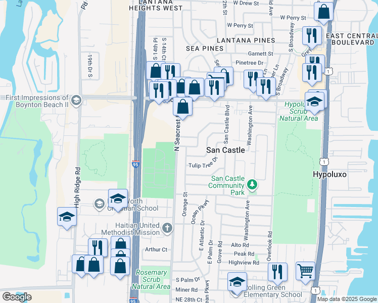 map of restaurants, bars, coffee shops, grocery stores, and more near 3950 Orange Street in Lantana