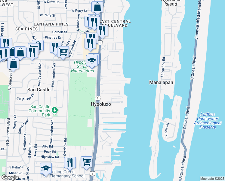 map of restaurants, bars, coffee shops, grocery stores, and more near 154 Las Brisas Circle in Hypoluxo