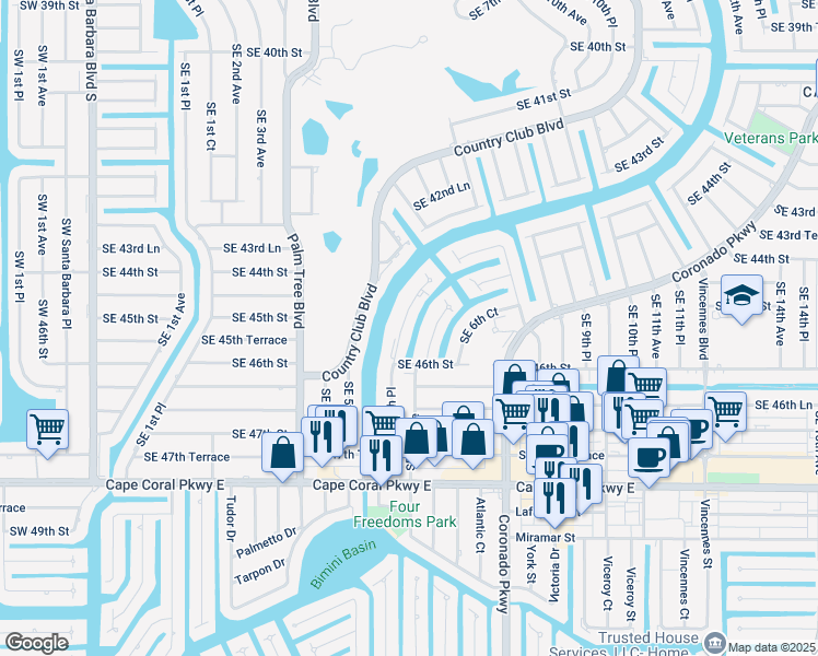 map of restaurants, bars, coffee shops, grocery stores, and more near 211 Southeast 5th Place in Cape Coral