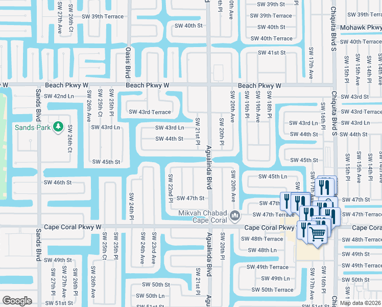 map of restaurants, bars, coffee shops, grocery stores, and more near 2118 Southwest 44th Terrace in Cape Coral
