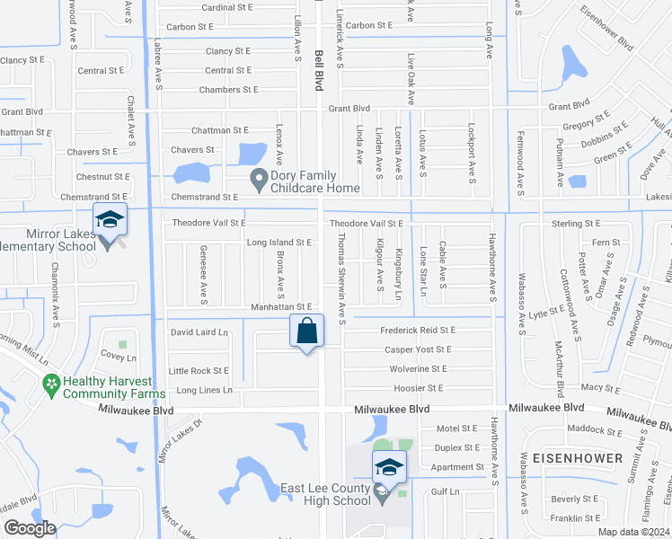 map of restaurants, bars, coffee shops, grocery stores, and more near 536 Thomas Sherwin Avenue South in Lehigh Acres
