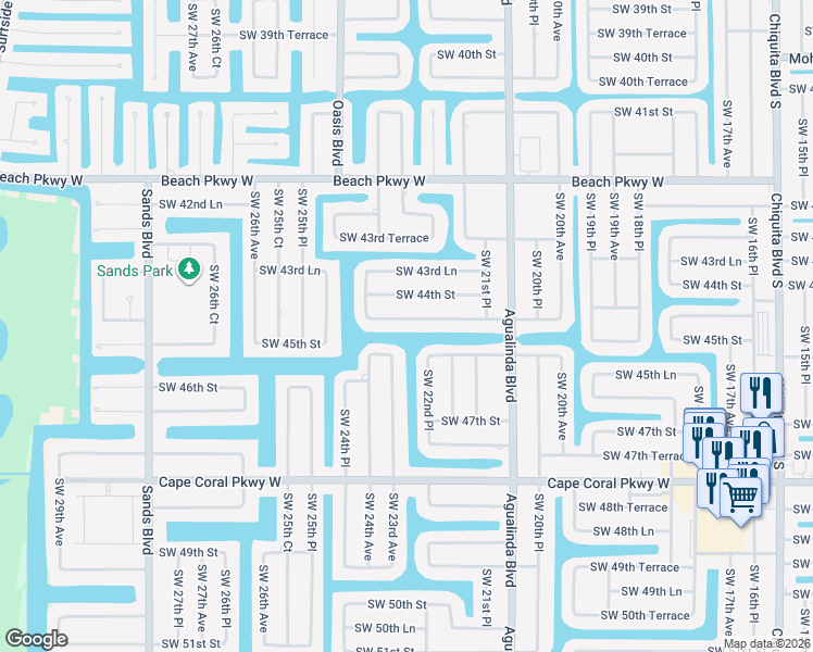 map of restaurants, bars, coffee shops, grocery stores, and more near 2228 Southwest 44th Terrace in Cape Coral