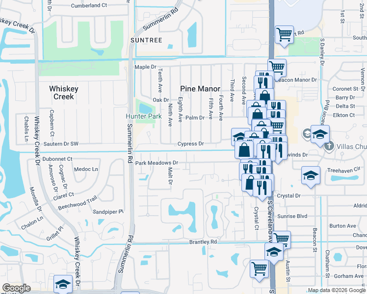 map of restaurants, bars, coffee shops, grocery stores, and more near 1707 Park Meadows Drive in Fort Myers