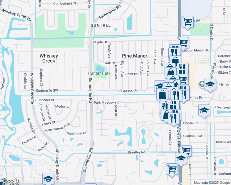 map of restaurants, bars, coffee shops, grocery stores, and more near 1653 Park Meadows Drive in Fort Myers