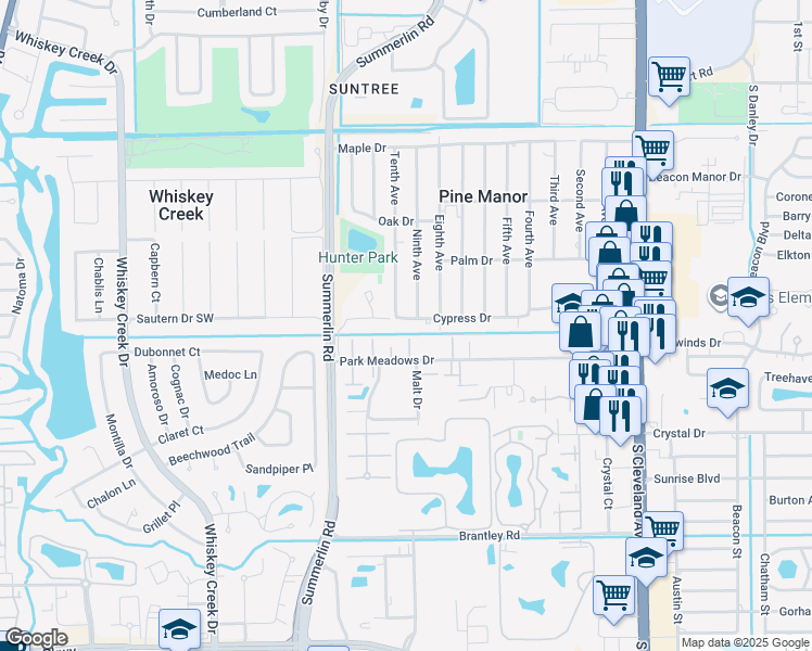 map of restaurants, bars, coffee shops, grocery stores, and more near 1653 Park Meadows Drive in Fort Myers