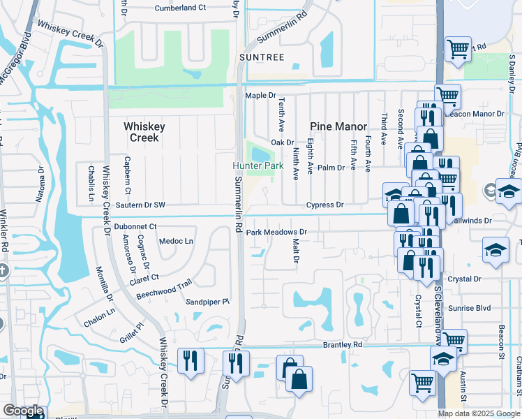 map of restaurants, bars, coffee shops, grocery stores, and more near 1513 Park Meadows Drive in Fort Myers