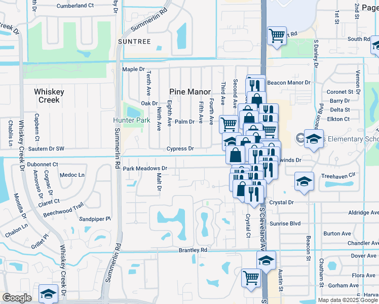 map of restaurants, bars, coffee shops, grocery stores, and more near 1740 Cypress Drive in Fort Myers