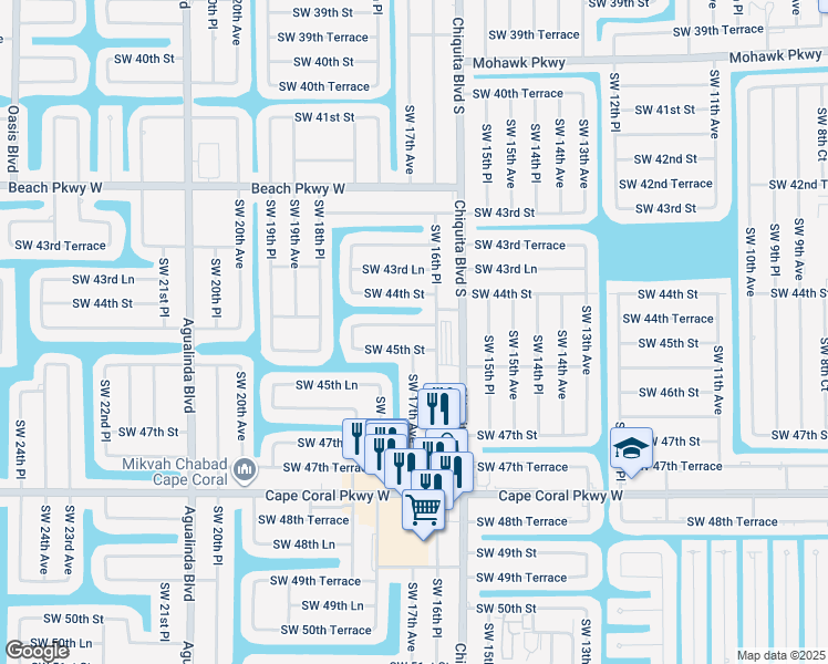 map of restaurants, bars, coffee shops, grocery stores, and more near 1615 Southwest 45th Street in Cape Coral