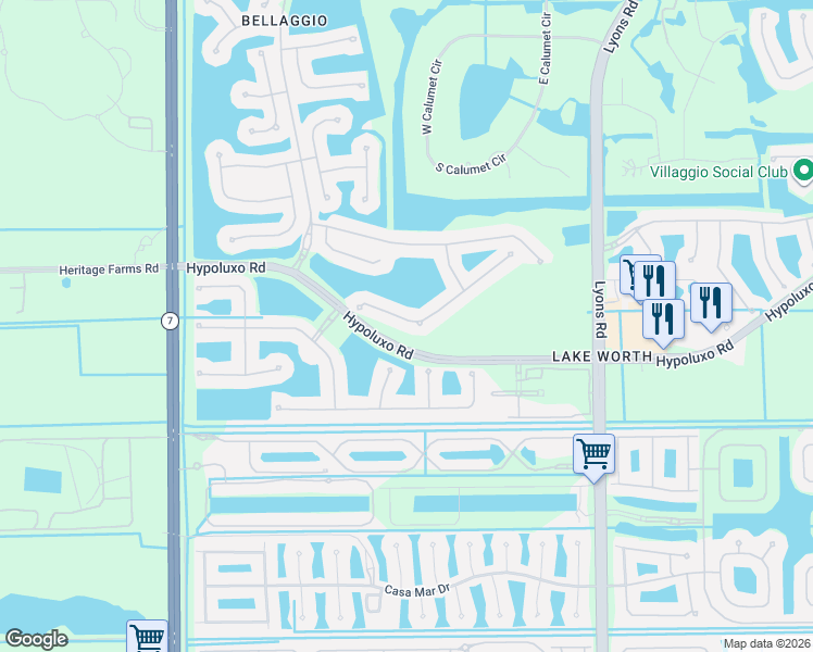 map of restaurants, bars, coffee shops, grocery stores, and more near 9454 Vercelli Street in Lake Worth