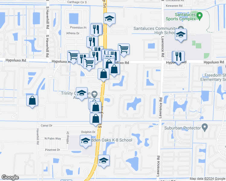 map of restaurants, bars, coffee shops, grocery stores, and more near 4413 Colony View Drive in Lake Worth