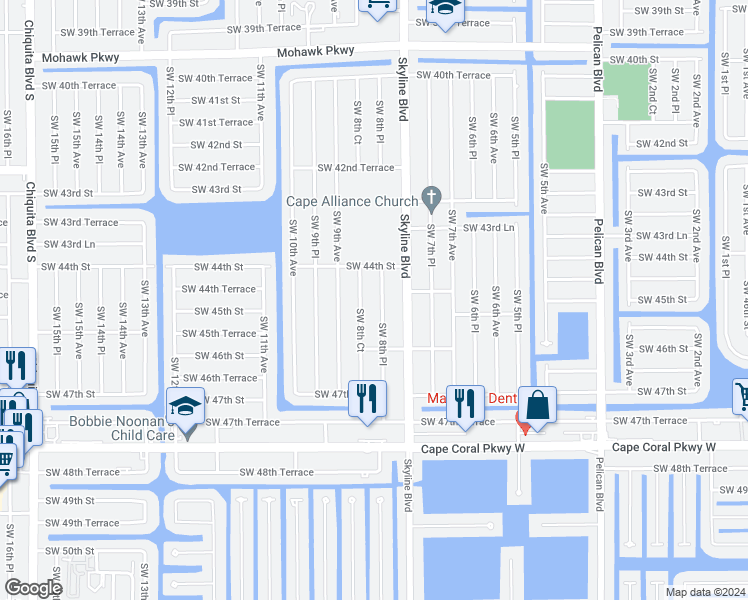 map of restaurants, bars, coffee shops, grocery stores, and more near 4424 Southwest 8th Place in Cape Coral