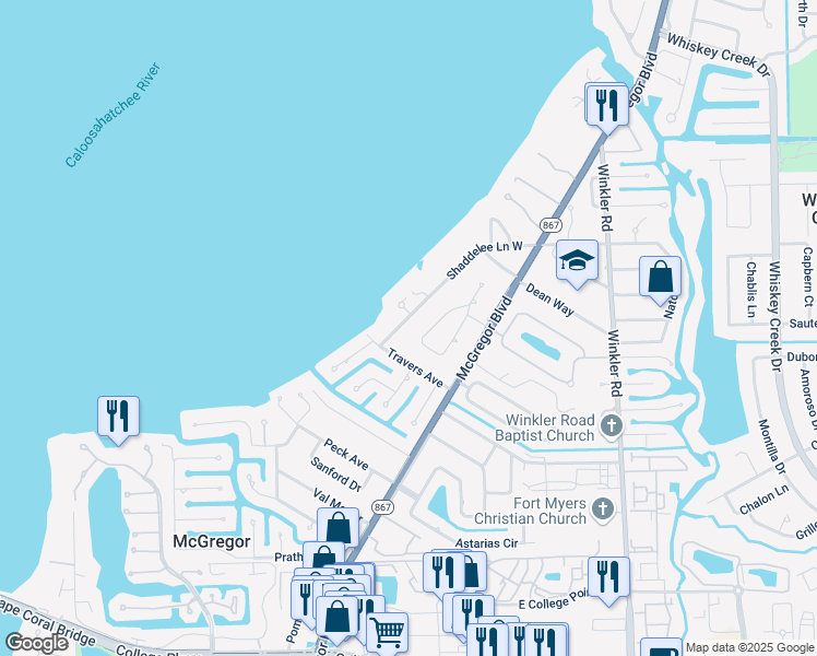 map of restaurants, bars, coffee shops, grocery stores, and more near 5695 Shaddelee Lane West in Fort Myers