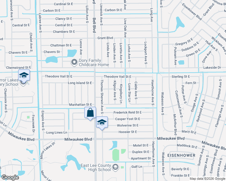 map of restaurants, bars, coffee shops, grocery stores, and more near 523 Kilgour Avenue South in Lehigh Acres