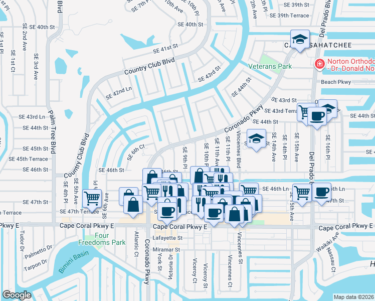 map of restaurants, bars, coffee shops, grocery stores, and more near 4518 Southeast 10th Avenue in Cape Coral