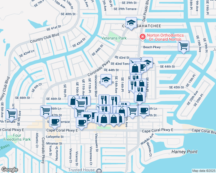 map of restaurants, bars, coffee shops, grocery stores, and more near 4519 Vincennes Boulevard in Cape Coral