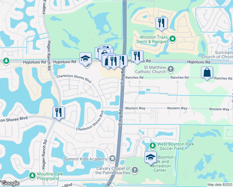 map of restaurants, bars, coffee shops, grocery stores, and more near 6489 Vireo Court in Lake Worth
