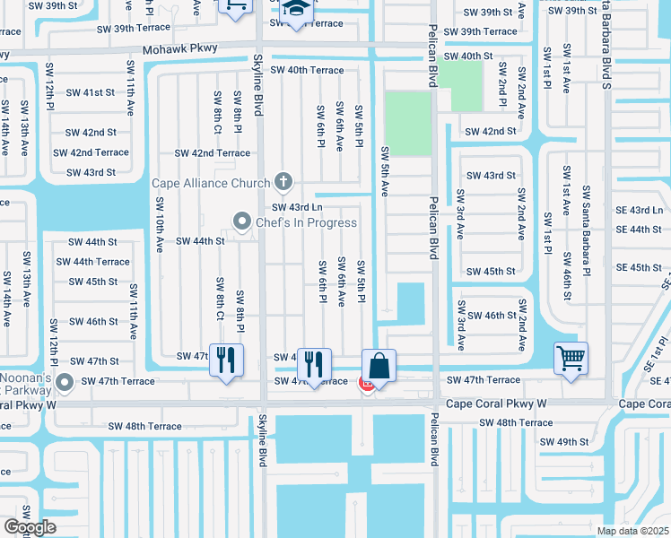 map of restaurants, bars, coffee shops, grocery stores, and more near 4510 Southwest 6th Avenue in Cape Coral