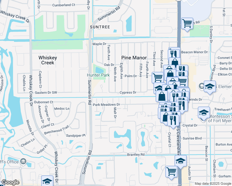 map of restaurants, bars, coffee shops, grocery stores, and more near 1602 Cypress Drive in Fort Myers