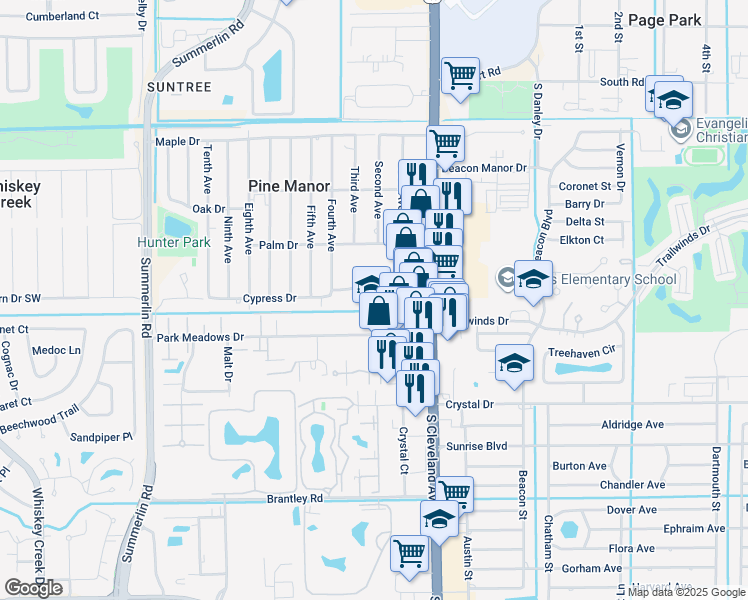 map of restaurants, bars, coffee shops, grocery stores, and more near 1901 Park Meadows Drive in Fort Myers