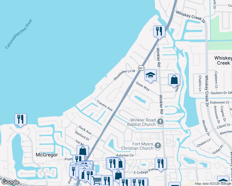 map of restaurants, bars, coffee shops, grocery stores, and more near 5657 Eichen Circle in Fort Myers