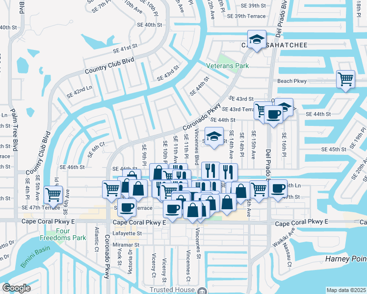 map of restaurants, bars, coffee shops, grocery stores, and more near 4535 Southeast 11th Place in Cape Coral