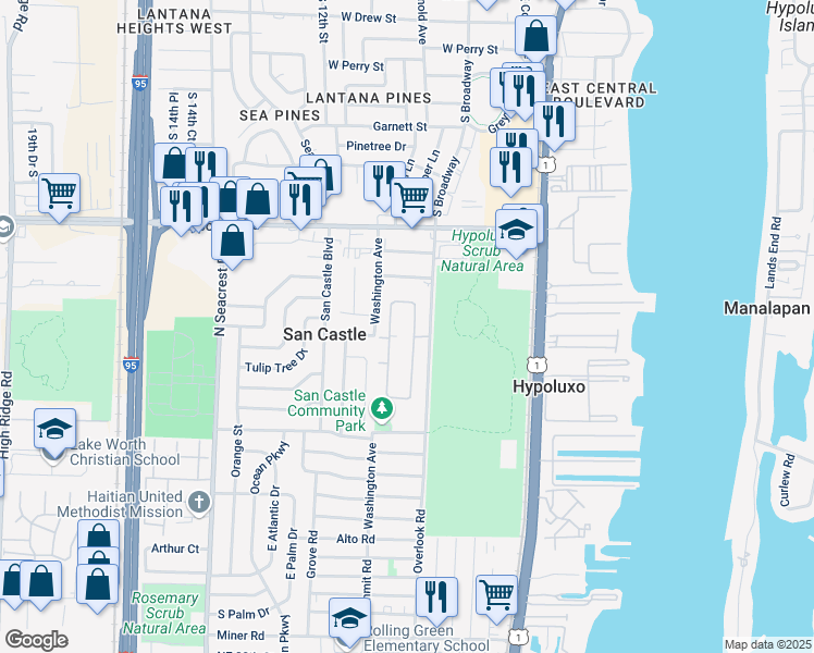 map of restaurants, bars, coffee shops, grocery stores, and more near 7401 West Oakridge Circle in Lantana