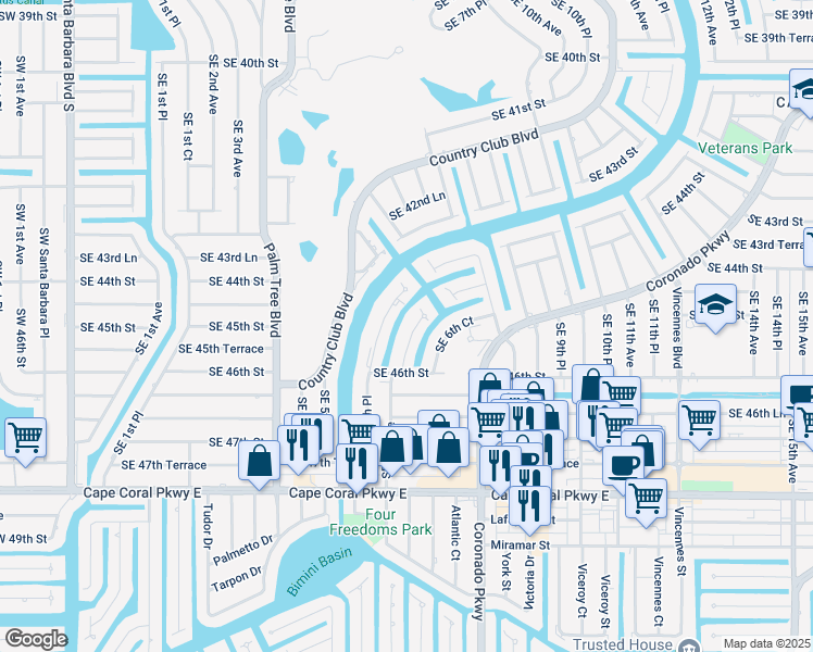 map of restaurants, bars, coffee shops, grocery stores, and more near 211 Southeast 5th Place in Cape Coral